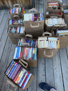 A photograph showing a dozen paper bags filled with paperback books.